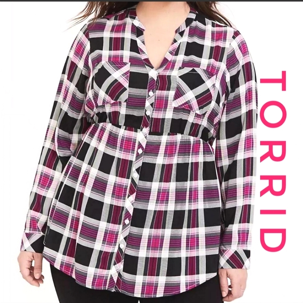 Torrid Babydoll Shirt Plaid Emma Challis Pink Black White Lime